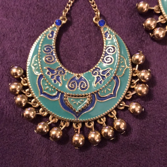 Big Beautiful Enamel Turquoise Earrings. - Picture 2 of 3